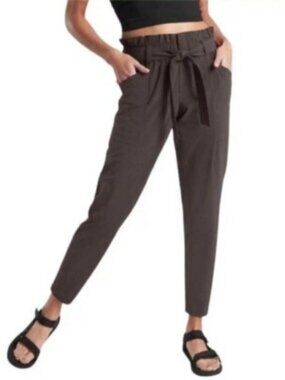 Athleta Skyline Paperbag Tie Waist Pants Size 12 Tall Olive Grey Tapered Travel